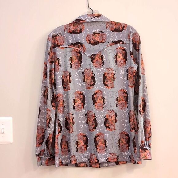 H BAR C Vintage Horse Print Cowgirl Rancher Pearl Button Long Sleeve Shirt Sz 34 - Picture 2 of 8
